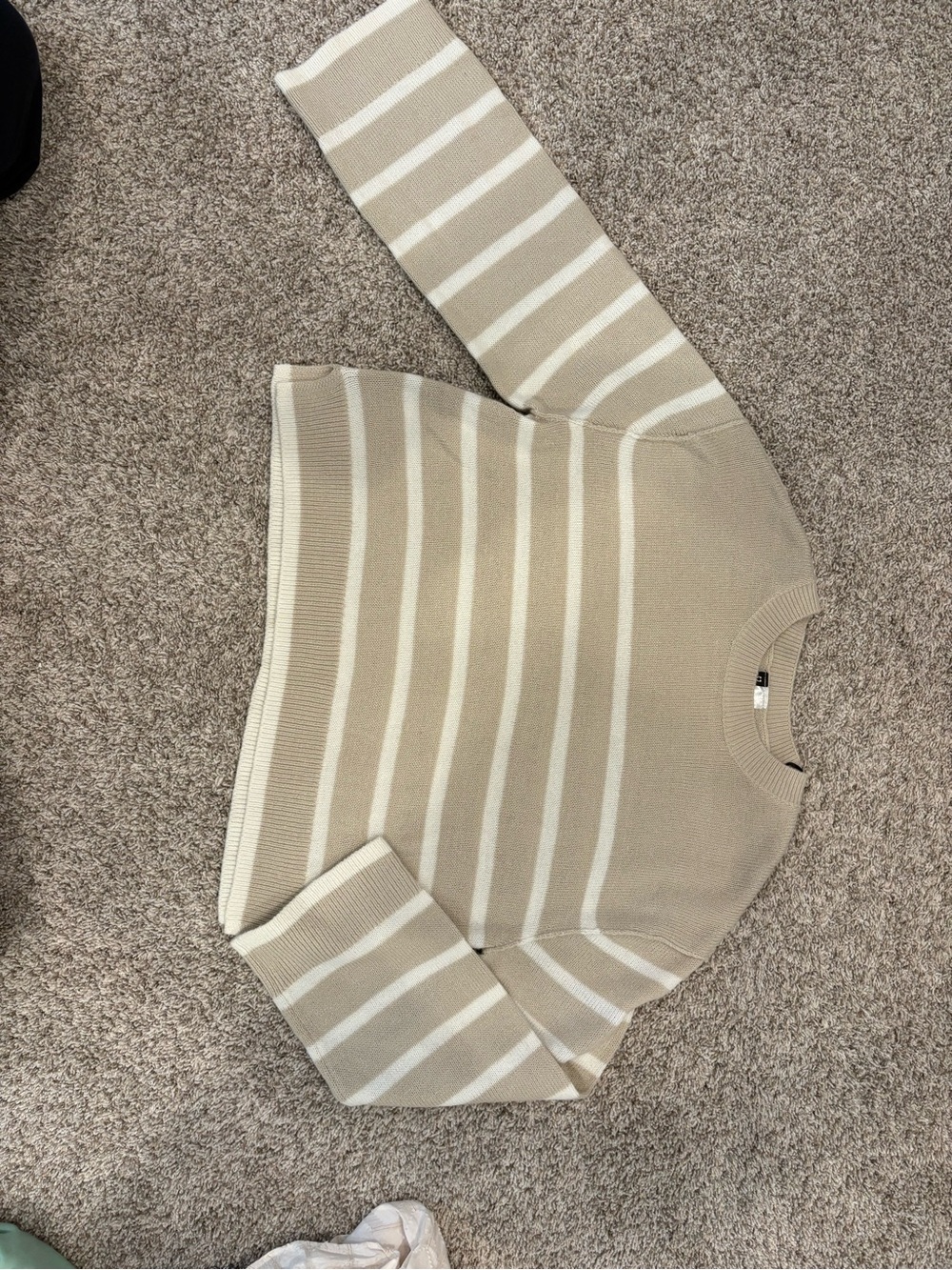 H&M Beige and White Striped Crewneck Sweater